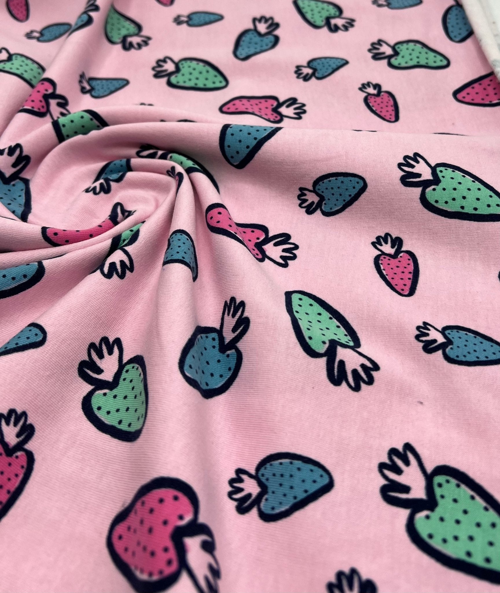 Strawberry Doodle Sweatshirting Cotton Lycra 2 Way Stretch - T9 Fabrics